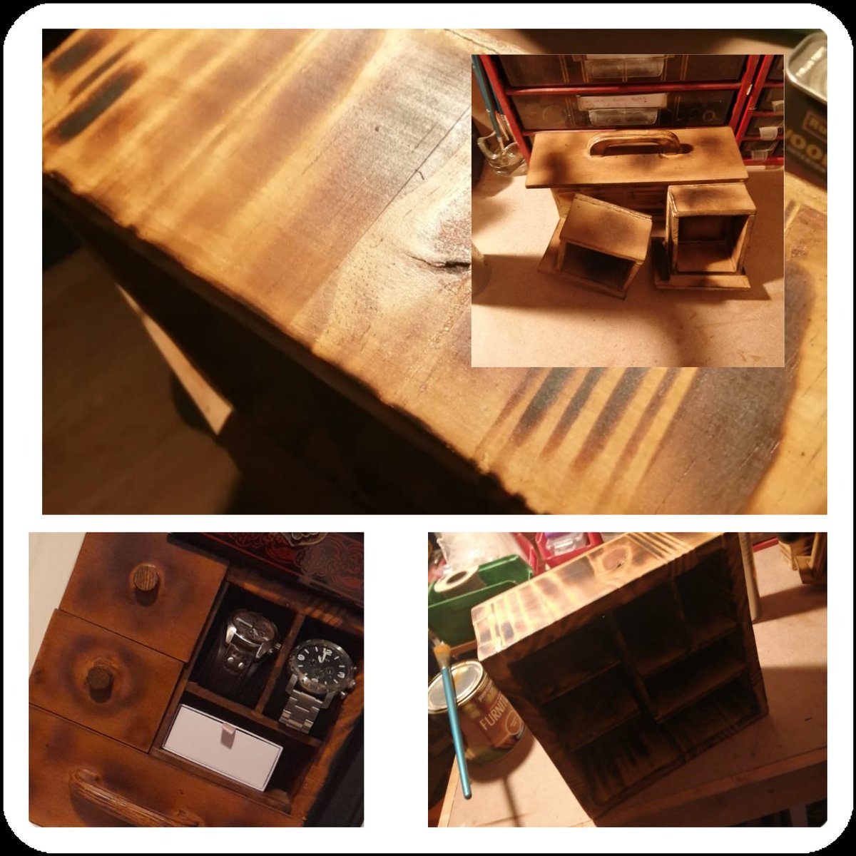 hardistephen's tweet photo. The best presents are the ones which cost time & effort. Our son ceilum made us a his and hers bespoke jewellery box. He even measured the watches to make sure they would fit. What a thoughtful present. Learning lots of skills @PSNeasain #handyman #thoughtfullness @woodworking https://t.co/bATQFXDeVW