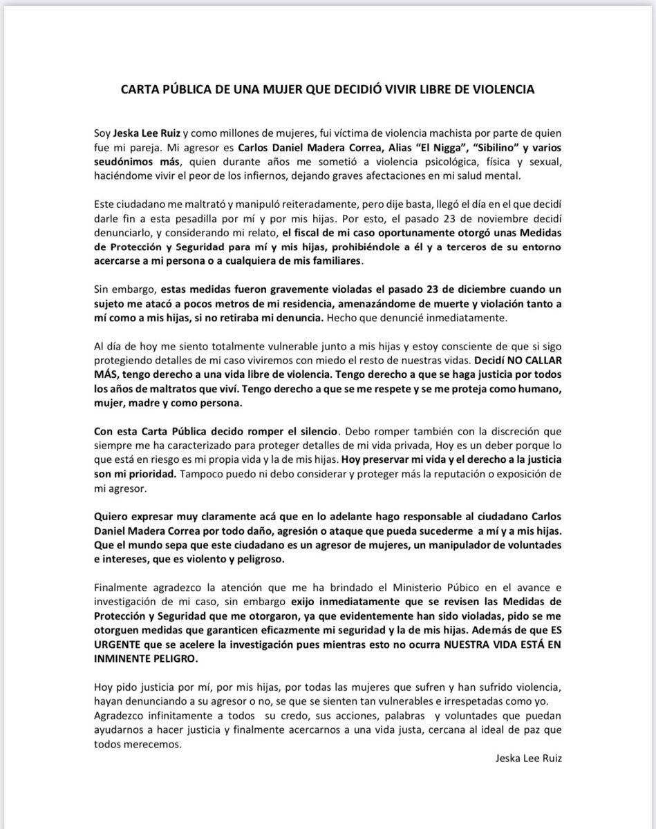 En estas fechas, mi mayor deseo es que ninguna mujer viva con temor de ser acechada por su agresor. Por eso alzo mi voz por <a href="/Jeska/">Jeska Lee Ruiz</a> Un maltratador como <a href="/sibilino19/">CARLOS MADERA</a> no puede estar libre agrediendo mujeres. Una orden de alejamiento NO es suficiente y ya fue violada #TodasConJeska