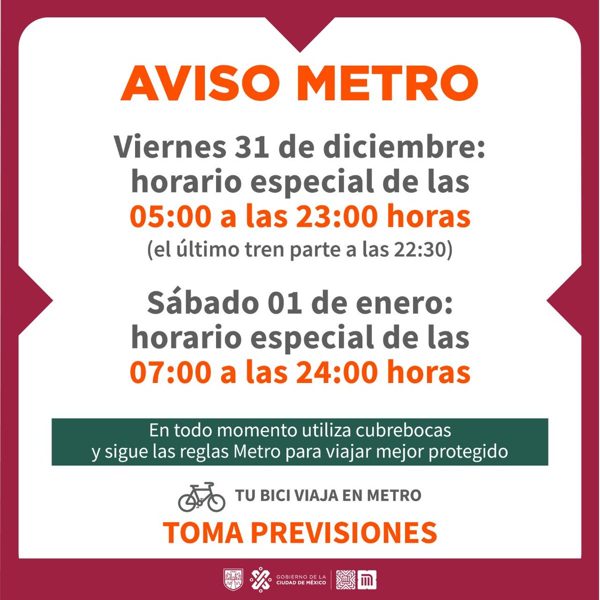 MetroCDMX's tweet photo. #AvisoMetro: Este 31 de diciembre, el horario de servicio será de 5:00 a 23:00 horas; el último tren saldrá de terminales a las 22:30 horas. El 1 de enero de 2022, la Red operará de 7:00 a 24:00 horas. ¡Toma previsiones! #MovilidadCDMX https://t.co/NlcSGTU6ZZ