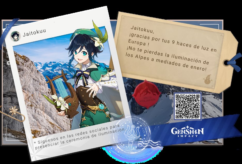 Jaime_torrole04's tweet photo. Te lo paso y voy a participar en esto porque te estas portando bien, genshin. Aunque sigo queriendo mis armas de vuelta (super rencoroso) uwu. GL A TODOS Y FELIZ AÑO NUEVO #LightUpTheAlps #GenshinImpact https://t.co/aBOEZmtV7z