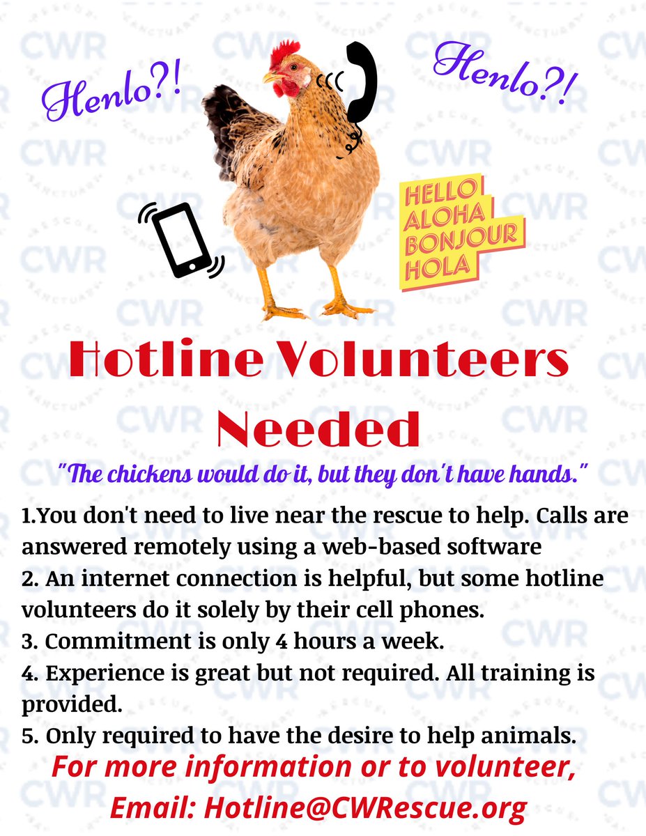 Hotline Volunteer's Needed. No experience required and can do it from home.
Please email : hotline@cwrescue.org for more info