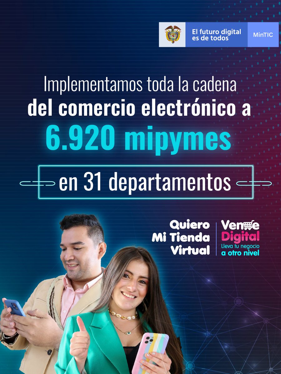 GobDigitalCO's tweet photo. ⭕#UnMinisterioQueConecta I Más de 6.000 mipyme llevaron su negocio a otro📈nivel con #QuieroMiTiendaVirtual de  🛒🛍️#VendeDigital. Adicionalmente, los beneficiarios adquirieron conocimientos en Marketing Digital y tuvieron la oportunidad de asociar su tienda a un marketplace. https://t.co/0XKB60uUnQ