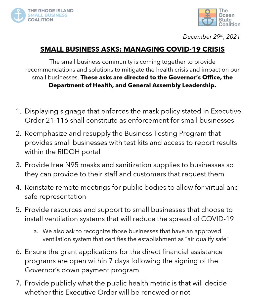 RISBCoalition's tweet photo. Along with the @401coalition , the small business community publicly shares these asks to our state leaders to ensure we effectively manage the public health crisis AND support our small businesses. 

Also, be safe, be smart, and be respectful so we can get through this together. https://t.co/bkUlT8VZff