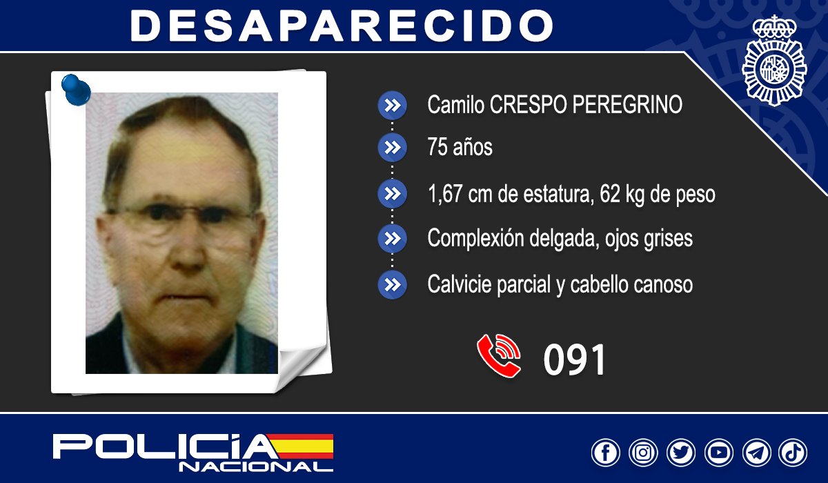 policia's tweet photo. 🚩IMPORTANTE 🚩

Camilo Crespo Peregrino tiene 75 años y ha desaparecido en #Plasencia 

Si le has visto o tienes cualquier información, llámanos:             
📞091

Tu difusión puede ser de gran ayuda para localizarlo 🙏 https://t.co/7YYTjKkcM1