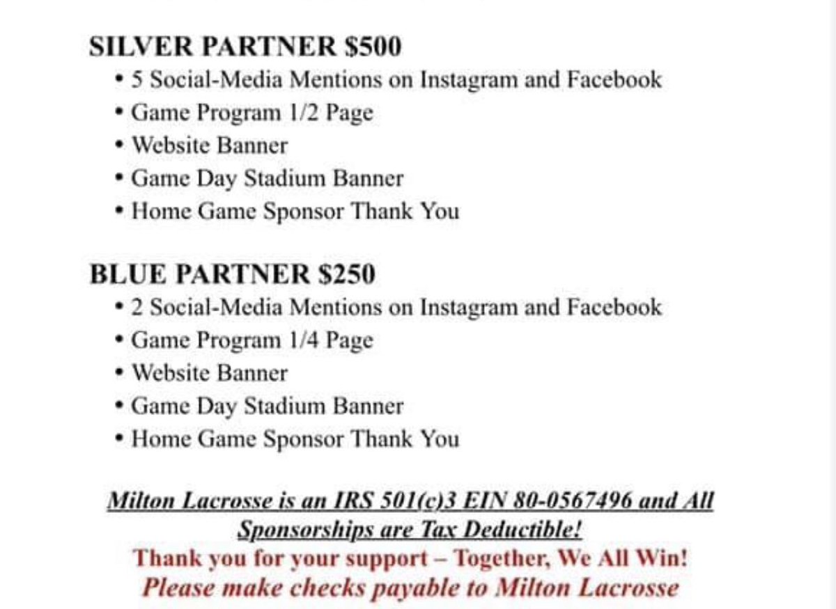 ➡️Do you have a local business? 
➡️Is your company looking for ways to support the local community? 

Milton Boys Lacrosse would love to partner with YOU!  🥍

💻 Click Here to donate: miltonlax.com

Milton Lacrosse is an IRS 501(c)3 EIN 80-0567496