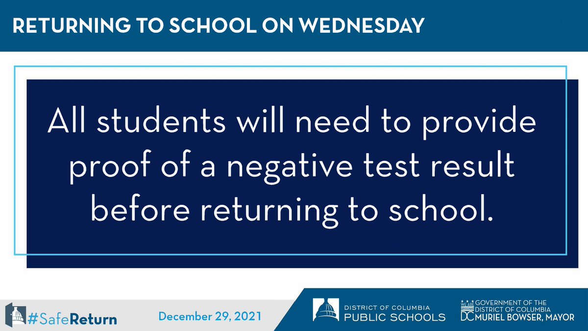 MayorBowser's tweet photo. All students will need to provide proof of a negative test result before returning to school. https://t.co/7WN5weQ8T8