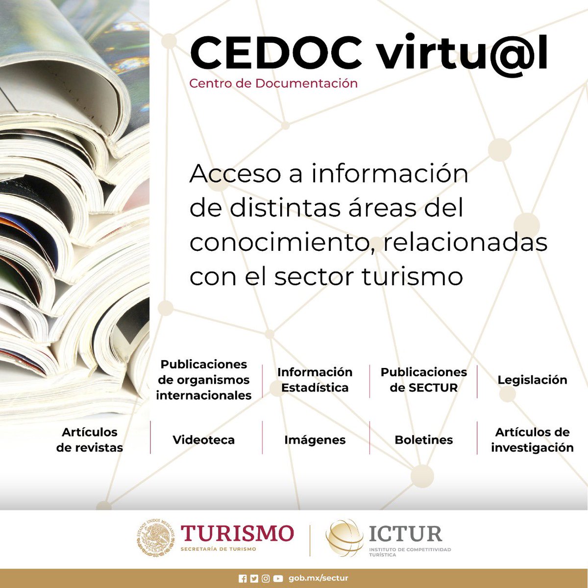 SECTUR_mx's tweet photo. 📚El Centro de Documentación #CEDOCVirtual #ICTUR es una biblioteca virtual con más de 14,000 títulos, donde podrás acceder a información especializada en #turismo. Explora desde una lotería en maya hasta las memorias congresos especializados. ¡Regístrate!
https://t.co/j8Ce9wgau7 https://t.co/vXFtFiz3ED