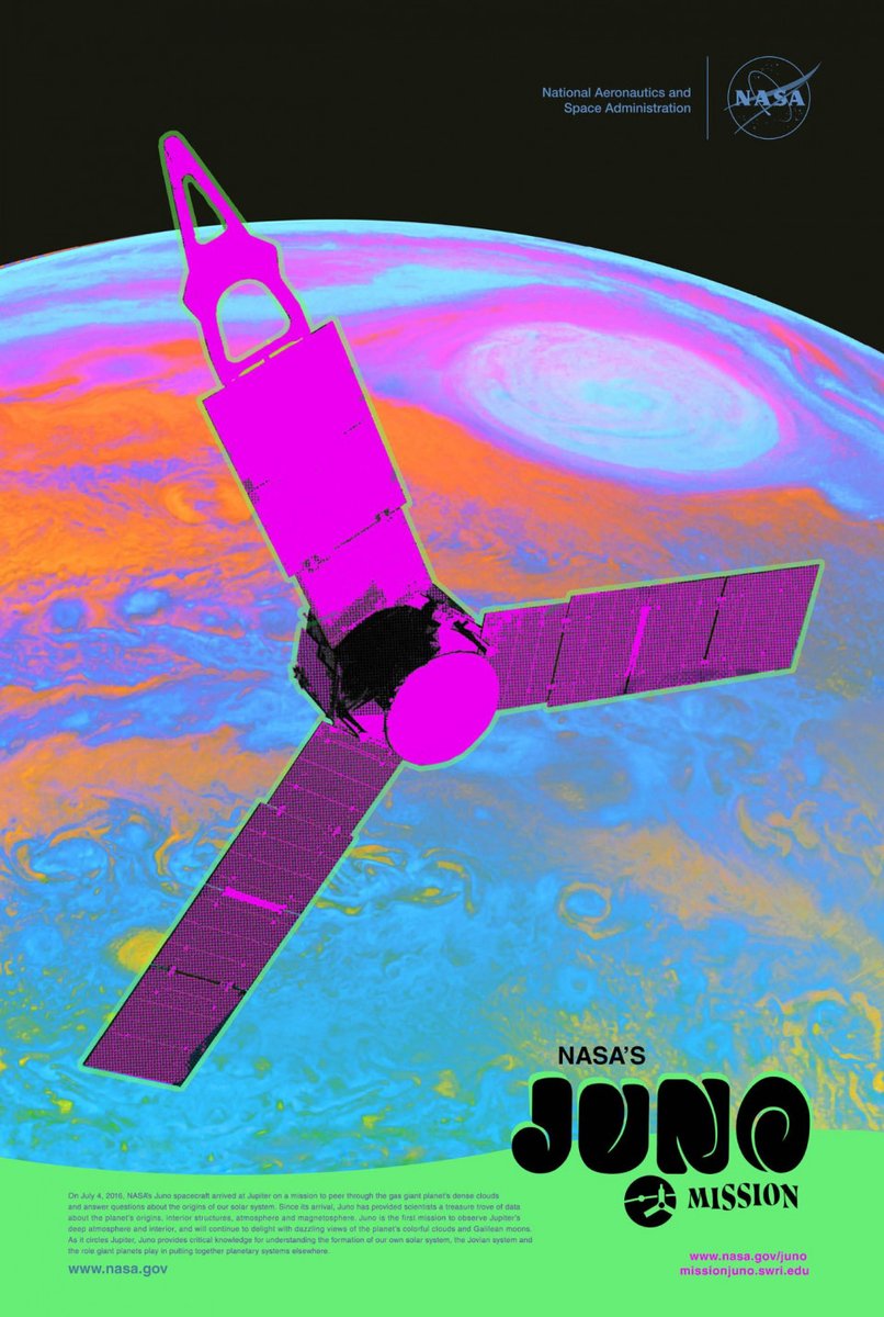 poster in psychedelic colors showing the Juno spacecraft over the clouds of Jupiter. "NASA's Juno Mission" 