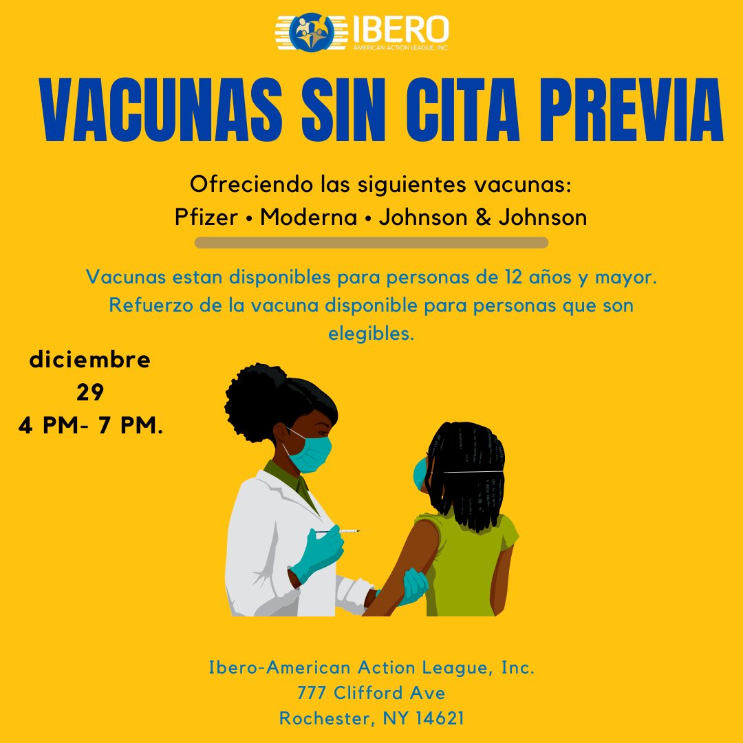 IberoRoc's tweet photo. Protegemos a nuestros seres queridos en estas fiestas. Mañana tendremos vacunas contra el COVID para personas de 12 años y mayor. Pueden venir por su primera, segunda o dosis de refuerzo en la 777 Clifford Ave de 4-7pm. ¡Haz tu cita hoy! GRATIS
#IBERO #IAAL #VACUNAS #GRATIS #ROC https://t.co/A2soNmZrdB