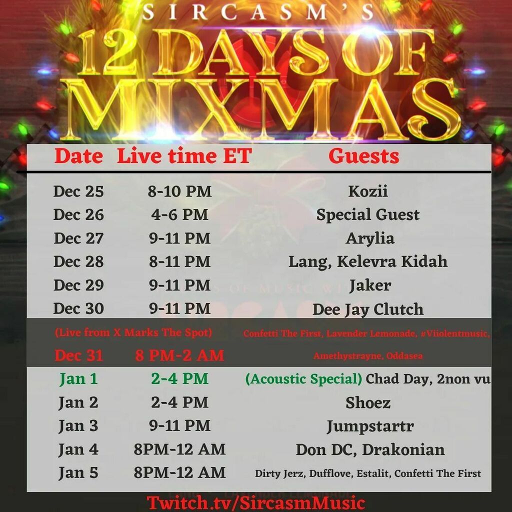 DeeJayClutchDc's tweet photo. 12 Days of Mixmas has been going strong! Tune in via Twitch tonight at 9pm RST. I'll be playing oltomorrow but don't miss the music on any of the days. 🎅🎄🎧🎶

#sircasm #mixmas #basshouse #techhouse #ukbass #live #christmas #dj #producer #dancemusic #h… https://t.co/mMkU3FXa4o https://t.co/iP4wwLqoRl
