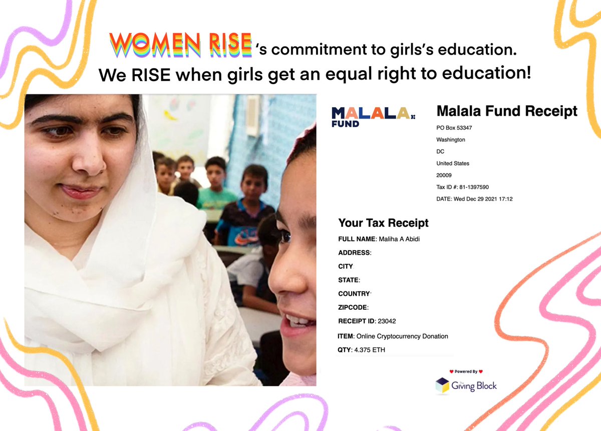 WomenriseNFT's tweet photo. Women Rise have just donated 4.375 ETH or approximately $16,000 USD to @MalalaFund! We reached our 25% goal and we have made our first contribution to an amazing organisation!
At 75%, we are supporting 3 other organisations that are all about women’s rights &amp; girls’ education 📚 https://t.co/grGV9VfLPl