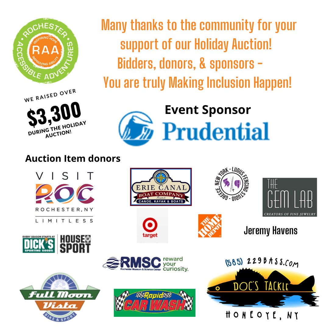 RAAdventures's tweet photo. Many, many thanks to our Holiday Auction supporters! We were successful in raising over $3,300 towards inclusion! Thank you!!
@Prudential @VisitRochester #TheGemLab @Target @HomeDepot @rocRMSC @fullmoonvista #DocsTackle #JeremyHavens #LudusFencingStudio #RapidCarWash https://t.co/7uodjWm2Em