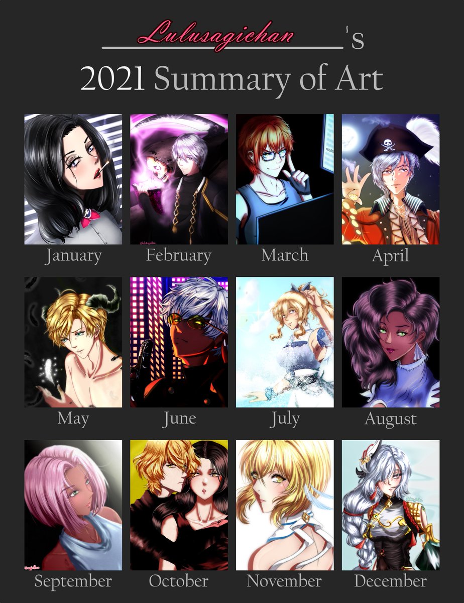 Lulusagichan's tweet photo. I think it was a pretty artsy year ૮ ˶ᵔ ᵕ ᵔ˶ ა 
Can you see the improvement (੭｡╹▿╹｡)੭
and as promised last year, I did draw more male characters ahahaha

#summaryofart2021 #Artsummary2021 #artsummary #summaryofart https://t.co/o4oRg3u3h5