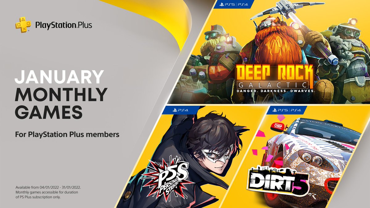 PlayStationUK's tweet image. In 2022, be a space dwarf. Your PlayStation Plus games for January are:

⛏️Deep Rock Galactic (PS5/PS4)
👹Persona 5 Strikers (PS4)
🚘Dirt 5 (PS5/PS4)