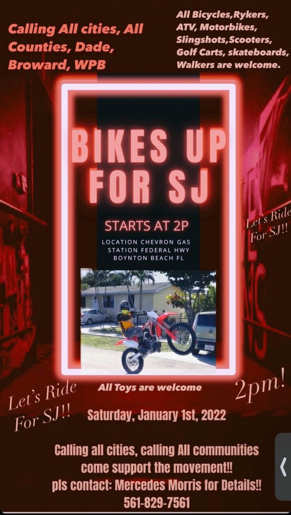 boynton_beach's tweet photo. #BikesUp4SJ
Saturday January 1st
2pm
Boynton Beach Florida 33435 On The Corner Of Boynton Beach Boulevard &amp; Federal Highway
A Positive Display Of Unity &amp; Support For The Stanley Davis Jr Family
#Ride4SJ https://t.co/FLwxR0v5fe