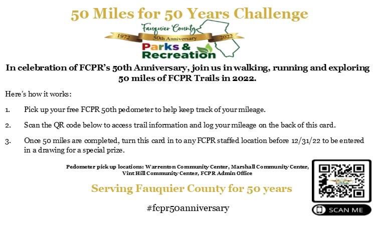 “Pick your pedometer today! Available at Marshall, Warrenton and Vint Hill Community Centers, or at FCPR Administrative Office.”
#fcpr50anniversary #fauquierparksandrec #fauquiercounty