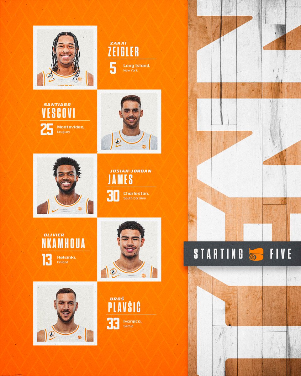 Vol_Hoops's tweet photo. Tonight's starters in Tuscaloosa.

#GBO https://t.co/bKAnYo9cNK