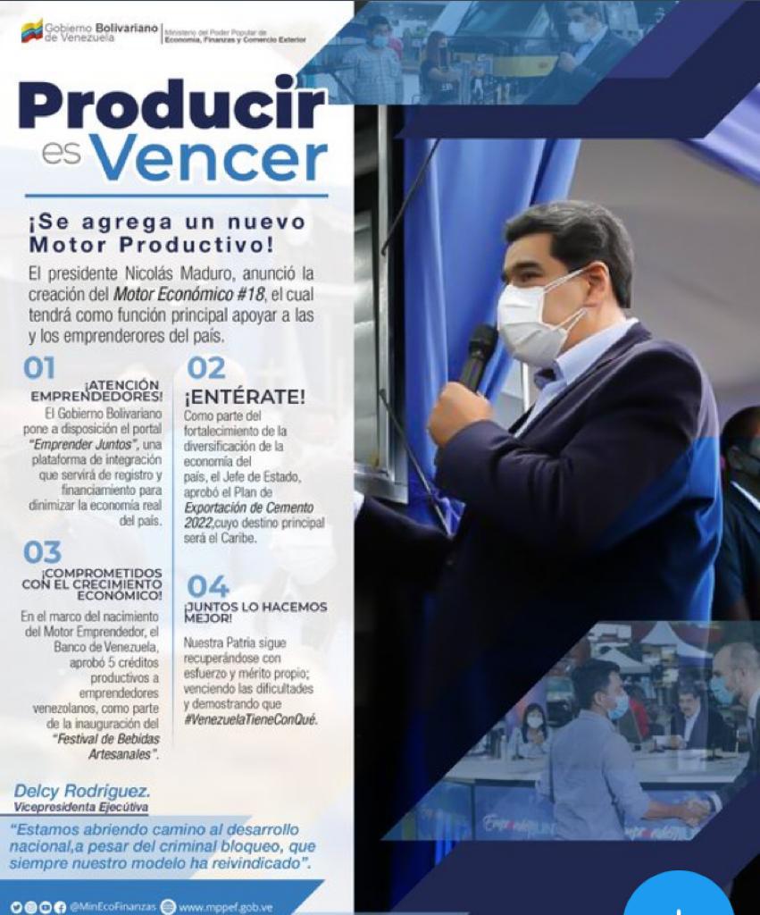 El presidente de la República, Nicolás Maduro, anunció la incorporación del nuevo Motor Emprendedores en la Agenda Económica Bolivariana, el motor número 18, debe ser un trabajo íntimo, cercano y profundo (…) para que no les falte nada”.
<a href="/FreddyBernal/">Freddy Bernal</a> 
#29Dic 
#NicolasMaduro