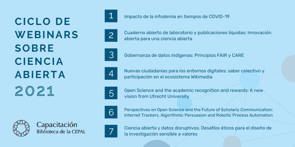 BibliotecaCEPAL's tweet photo. Are you looking for information on #openscience and do not know where to start? Check out the ECLAC Library's past webinars on the topic in the following link: https://t.co/Bt3rSHwueg #openaccess #OpenData https://t.co/n7ntIWBOEU