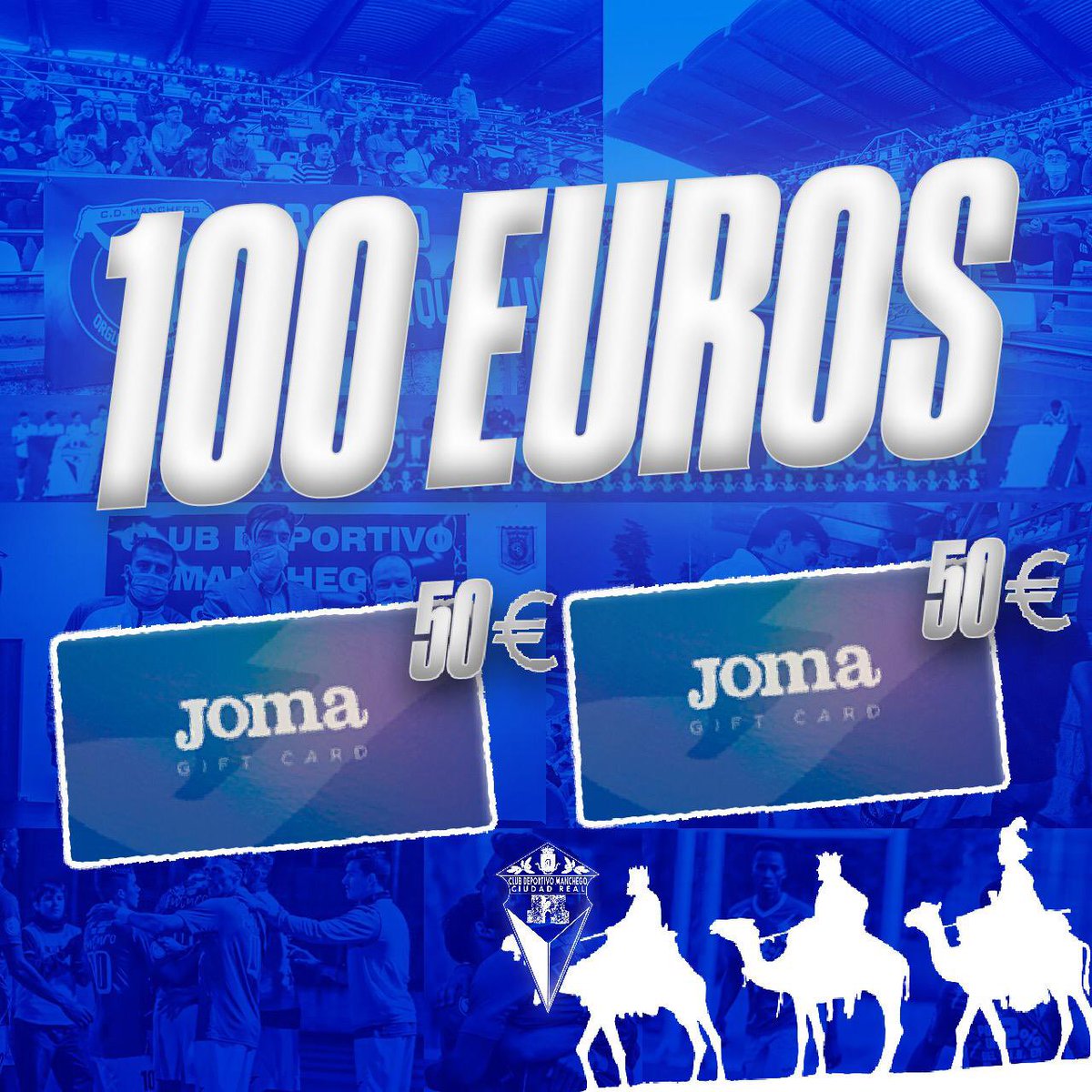 🎁 Sorteo para unos Reyes mancheguistas:

🔵⚪️ El CD MANCHEGO y <a href="/JomaSport/">Joma Sport</a> sortean 2 tarjetas regalo de 50 € cada una.

📹 Sorteo EN DIRECTO por Youtube posterior al Día de Reyes.

‼️ Condiciones:

1-Seguirnos ✅

2-Dar RT ✅

3-Recogerlo en la sede con foto incluida ✅