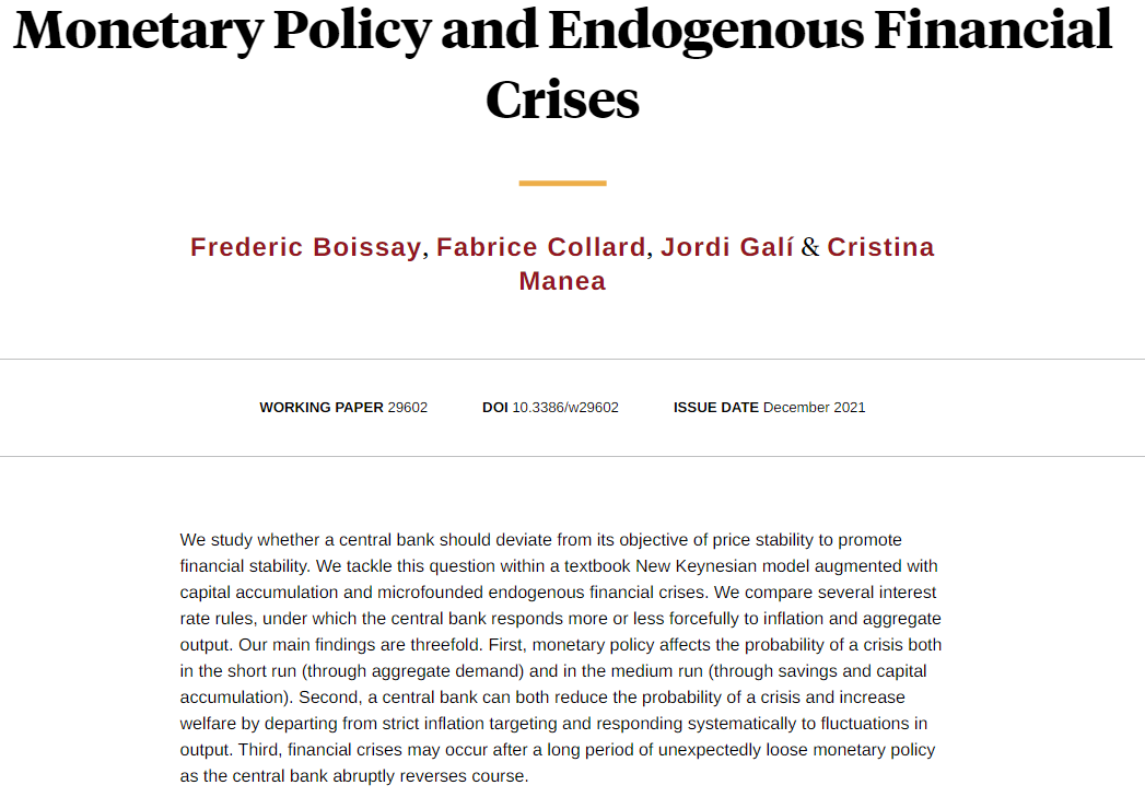 Excess capital accumulation from protracted booms may be a source of financial crises. Deviations from strict inflation targeting may help prevent those crises and raise welfare, from Frederic Boissay, Fabrice Collard, Jordi Galí, and Cristina Manea nber.org/papers/w29602