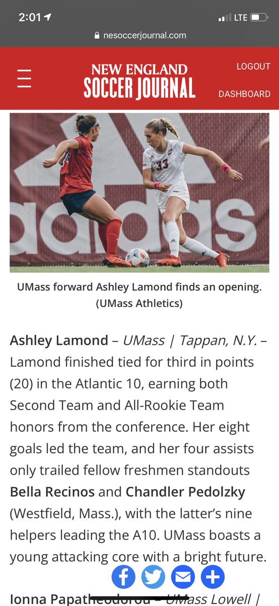 UMassWSoccer's tweet photo. Our very own @ashleylamond8 who led our team in goals (8) &amp; points (20)  was selected to the @NESoccerJournal D1 Best IX first year players in New England! We’re so proud of you Ash! 🚩

See the full article below. 
https://t.co/d43qIKp98b https://t.co/Xd8aIYAQ8g
