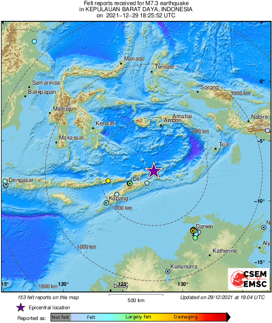 Map of felt reports received so far following the #earthquake M7.3 in Kepulauan Barat Daya, Indonesia 45 min ago
