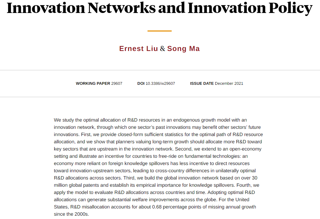 Planners who value long-term growth should allocate more R&amp;D toward key sectors that are upstream in the innovation network, from <a href="/ErnestLiuEcon/">Ernest Liu</a> and <a href="/ProfSongMa/">Song Ma</a> nber.org/papers/w29607