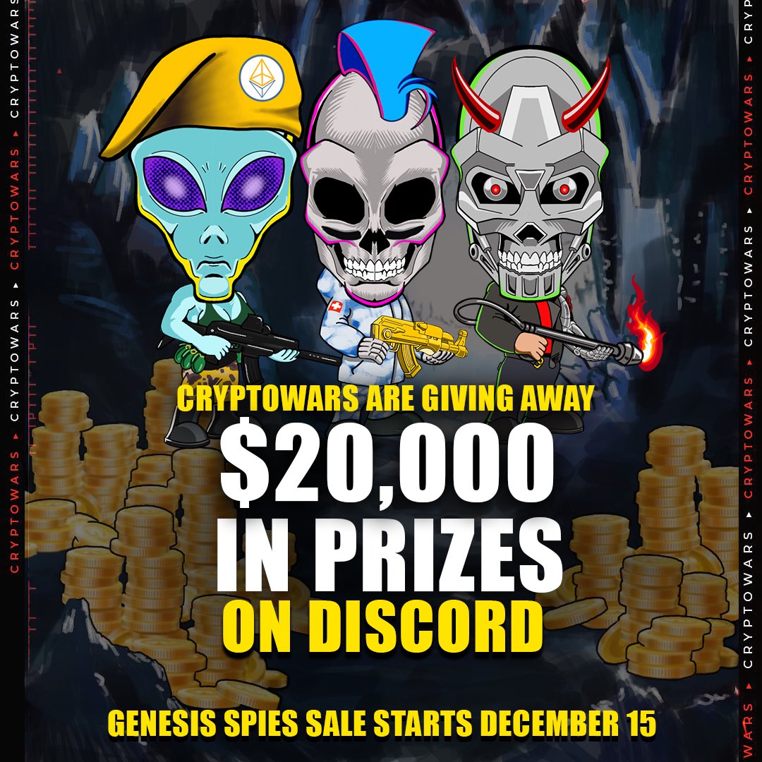 CryptoWarsNFT's tweet photo. Do you love FREE #NFTs &amp; WL Spots!?🤔

We KNOW you do! Don’t miss out on your chance at $20,000 worth of prizes happening NOW on the #CryptoWars discord!🎉

Celebrate the end of 2021 with us and join in on the fun!🎊
#NFTGiveaway #NFTCommunity
LINK BELOW!👇 https://t.co/YqLUOgSrCn