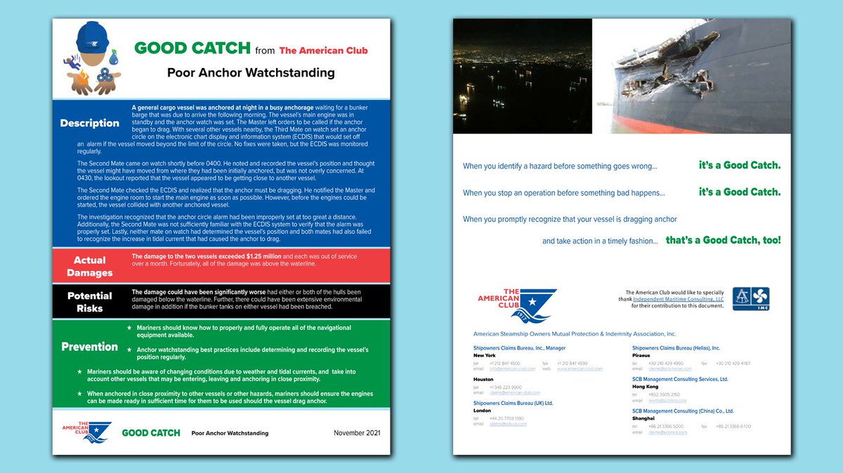 americanpandi's tweet photo. Make a Good Catch: during anchor watchstanding determine and record your vessel’s position regularly. Mgrs of #AmericanPandI & @EO_Marine present “Good Catch - Poor #Anchor #Watchstanding” in #English & #Mandarin on the Club’s #GoodCatch page: https://t.co/NNQMldeU3u https://t.co/zqblytTLCC
