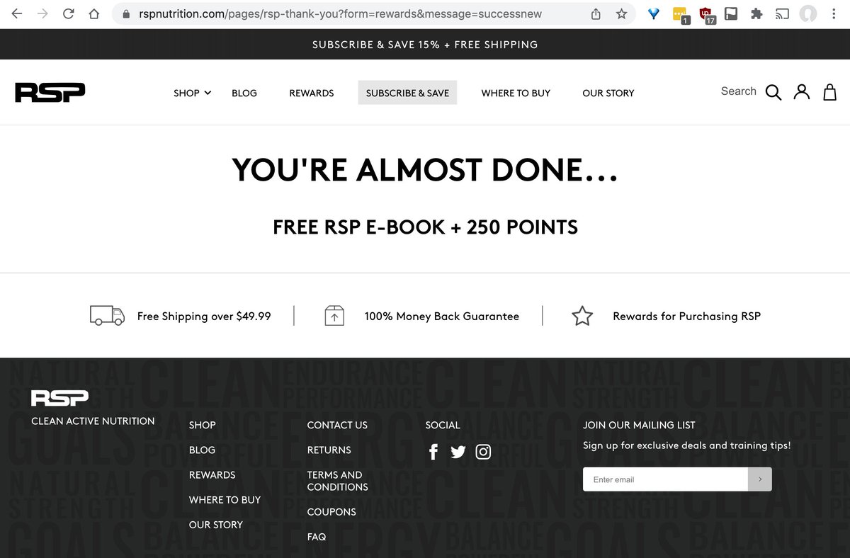 RyanThomasWoods's tweet photo. @RSPNutrition Hey there, I redeemed a code and filled out the info and submitted. It went to this "you're almost done" page... but no instructions what to do next? And never got my reward... https://t.co/xkKjKihMUv