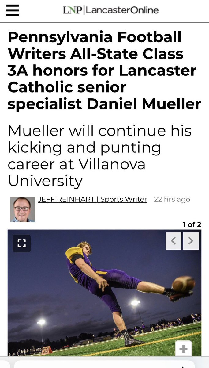 Daniel Mueller (@daniel_mueller8) on Twitter photo Thank you to Pennsylvania Sportswriters for selecting me for the 3A All-State team. Could not have achieved this without the support of my team, holder, and snapper. Thank you to Jeff Reinhart and the great writers at LNP.
<a href="/HKA_Tanalski/">Adam</a> <a href="/KickItJZ/">Kick It®</a> <a href="/PennypackerRoss/">Ross Pennypacker</a> <a href="/JeffReinhart77/">Jeff Reinhart LNP</a> Thank you to Pennsylvania Sportswriters for selecting me for the 3A All-State team. Could not have achieved this without the support of my team, holder, and snapper. Thank you to Jeff Reinhart and the great writers at LNP.
<a href="/HKA_Tanalski/">Adam</a> <a href="/KickItJZ/">Kick It®</a> <a href="/PennypackerRoss/">Ross Pennypacker</a> <a href="/JeffReinhart77/">Jeff Reinhart LNP</a>