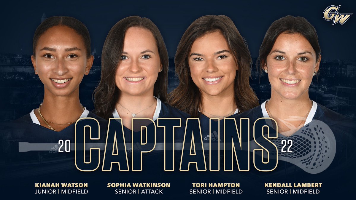 GW_Lacrosse's tweet photo. We’re excited to announce our 2022 team captains! 

1️⃣5️⃣ Kianah Watson 
2️⃣0️⃣ Sophia Watkinson
2️⃣9️⃣ Tori Hampton 
3️⃣0️⃣ Kendall Lambert 

#RaiseHigh https://t.co/fwPkbRSyge