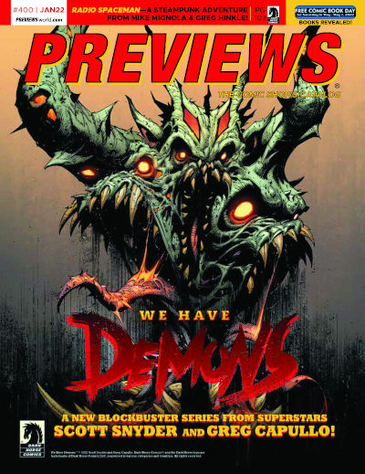 PREVIEWSworld's tweet photo. An all-new PREVIEWS catalog is live on our site! Available to pre-order now: @Ssnyder1835 and @GregCapullo's WE HAVE DEMONS comes to print from @DarkHorseComics! Plus @KurtBusiek's ASTRO CITY returns at @ImageComics! Dive in: https://t.co/l00gIWU6mN https://t.co/qpEENYXSmO