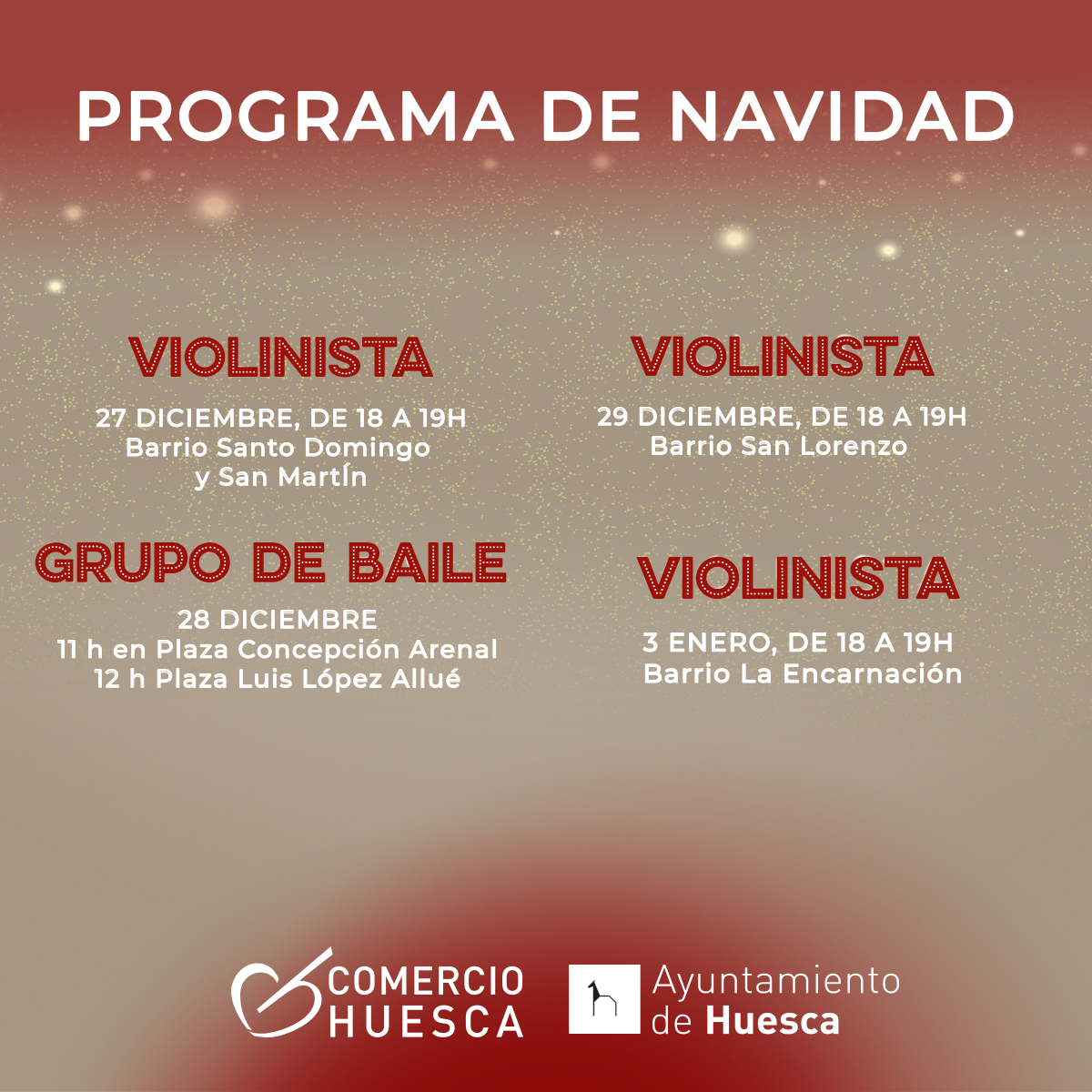comerciohuesca's tweet photo. ¡Conoce todas las #actividades que tenemos preparadas!

🎄 Porque esta #Navidad queremos que disfrutes y te diviertas en la ciudad de #Huesca, te traemos música, baile y mucho más.

#comerciohuesca #ProgramaNavidad 🎁💃 https://t.co/Q7nI9mEuat