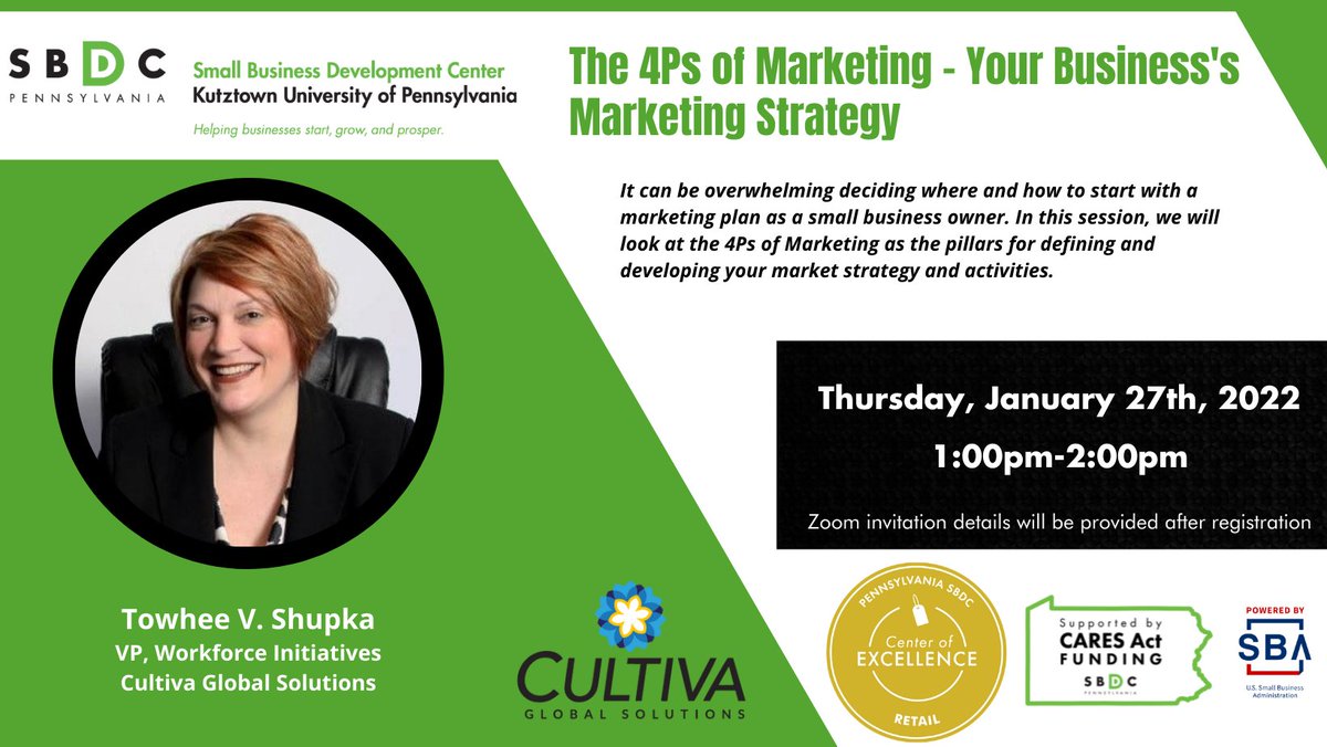 KutztownSBDC's tweet photo. π’ Join the #KUSBDC and #Cultiva Global Solutions in the 4P's of Marketing session! It can be overwhelming deciding where and how to start with a marketing plan as a small business owner.
π January 27, 2022
π 1:00-2:00pm
Register here: https://t.co/uoNuy939UY
#PASBDC #CARES https://t.co/mntj08eOLA