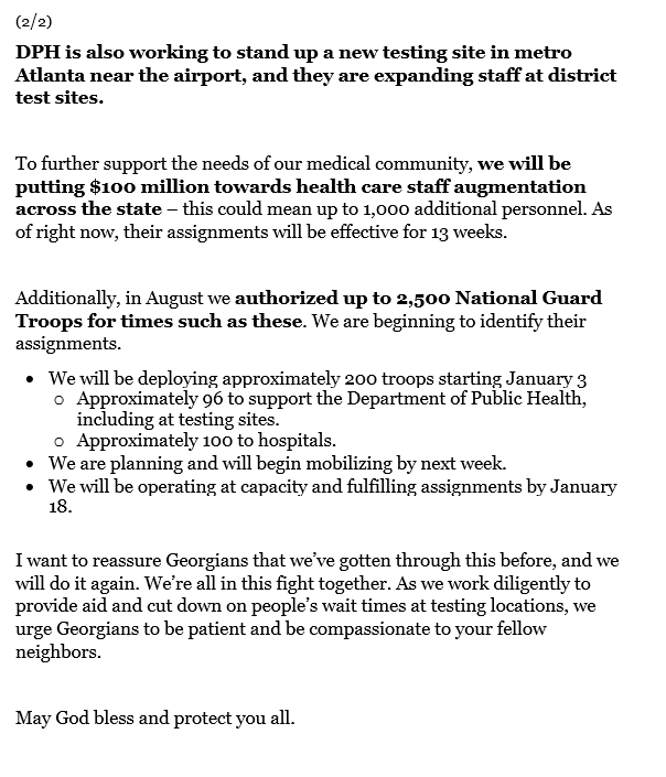 GovKemp's tweet photo. This morning I spoke with heads of 9 different health systems around the state for updates on what medical providers are facing &amp; current needs. I also shared the following with state officials, executive departments, and the media this afternoon: https://t.co/D6HM9xUWS9