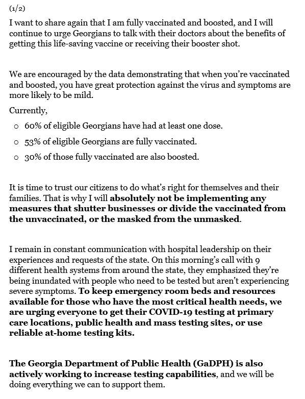 GovKemp's tweet photo. This morning I spoke with heads of 9 different health systems around the state for updates on what medical providers are facing &amp; current needs. I also shared the following with state officials, executive departments, and the media this afternoon: https://t.co/D6HM9xUWS9