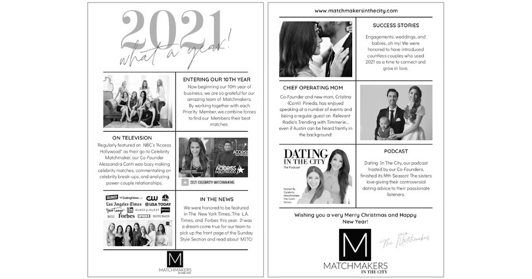 MatchmakersITC's tweet photo. 2021…. What a year! 
From engagements 💍, to 👶🏻 babies, to our @nytimes feature 🗞 , to Access Hollywood 📺 , to Trending With @timmerie 🎙 , to our @latimes feature 📰 , to our truly AMAZING team of #Matchmakers 👸🏻👸🏼👸🏽👸🏼👸🏻👸🏼🤴🏻,we have had quite a year to remember! https://t.co/z0wXn2KlHt