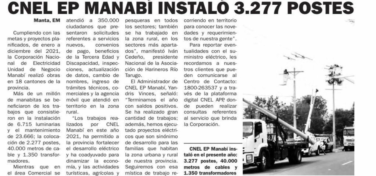 CNEL_EP's tweet photo. #BuenasNoticias | Distintos medios de comunicación  @elmercurioec y @laMareaec de #Manabí, resaltan los trabajos efectuados por CNEL EP, con la instalación de luminarias y postes en 18 cantones de la provincia.
#JuntosLoLogramos https://t.co/ewX1Xg4RMW
