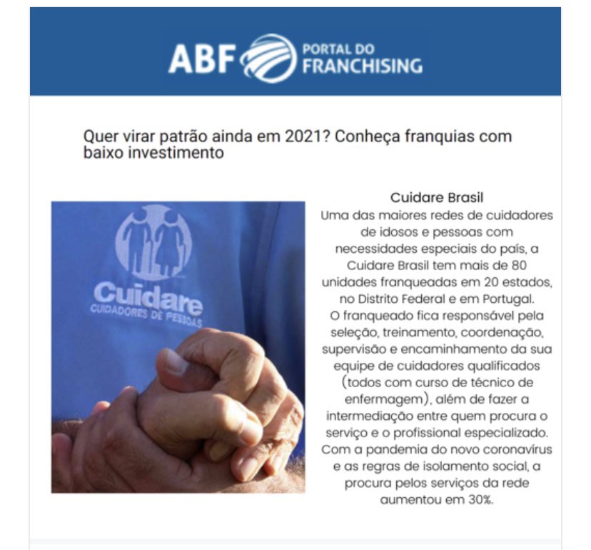 CuidareBrasil's tweet photo. Rede @CuidareBrasil é destaque nos renomados meios de comunicação do Franchsing: @folha, @pdofranchising e no Guia Franquias de Sucesso.
https://t.co/EXie1FaJ0l https://t.co/98gRPZ9j2R