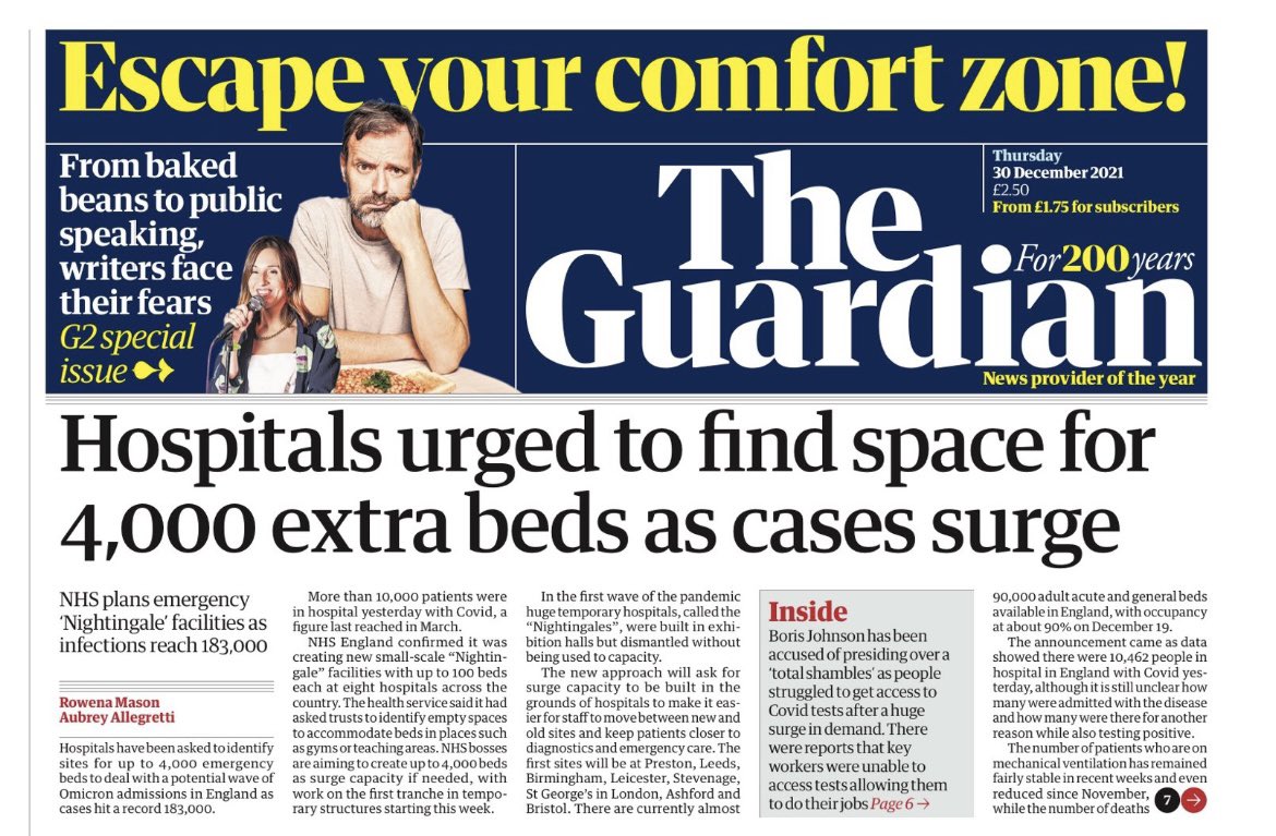 doctor_oxford's tweet photo. Guardian front page:

In which @BorisJohnson orders the NHS to magic up beds in hospital gyms &amp; carparks - while introducing zero public health measures to try &amp; arrest the Covid filling our hospitals.

Who exactly will staff all these tents &amp; portakabins? 

NHS unicorns? 🦄 https://t.co/bMWbd0J0ya