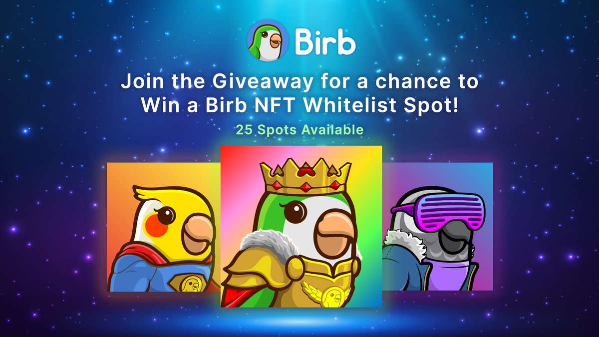 Enter To Win a Birb NFT WL spot! 🦜

PRIZES: 25 WLs 🥳

To Enter,
1. Join Here> sweepwidget.com/view/45494-dxg…
2. RT and tag 3 of your friends
3. Don't forget to join our Telegram:  t.me/birbdefi

Earn $BNB and $BIRB with the NFTs!💸

#NFTgiveaway #NFTdrop #nftcollectors 🐥🐣