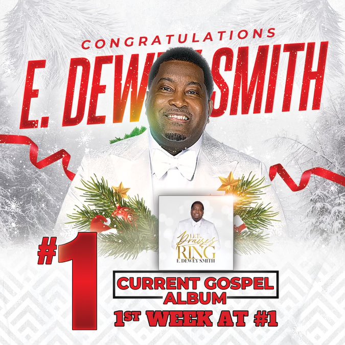 edeweysmith's tweet photo. HUGE thanks to everyone who supported my “Let Praises Ring” Christmas Album/EP & to the radio stations that played songs from it!! I just found out that “Let Praises Ring” is the #1 “Current Gospel Album” this week!! ABSOLUTELY UNBELIEVABLE!! @pebblestreetrec #LetPraisesRing https://t.co/xwX10oU8X7