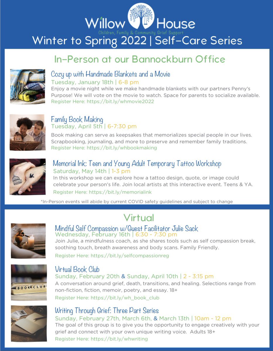 WillowHouse's tweet photo. Willow House is pleased to share the dates and registration links for our Winter to Spring Self-Care Series, taking place January through May 2022 #selfcare #winterselfcare #griefsupport https://t.co/hL40x2z1es