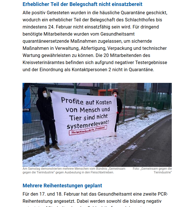 GGTierindustrie's tweet photo. (4/20) #Corona-Infektionsschutz? Fehlanzeige! In #Husum schließt ein #DanishCrown-Schlachthof, nachdem sich über 100 Beschäftigte mit infizieren. Aktive unseres Bündnisses demonstrieren vor Ort gegen die Zustände in der #Fleischindustrie
NDR-Bericht: https://t.co/tvfWbkYeaK https://t.co/bFubWlxMEW
