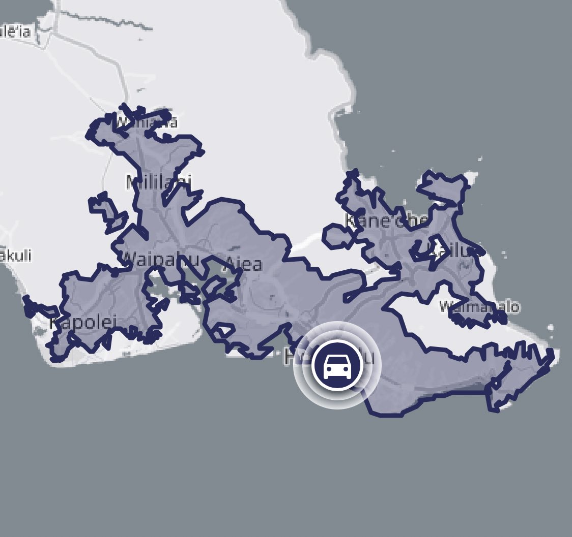 UH_DURP's tweet image. Here’s how much of O‘ahu you can reach from downtown Honolulu within 30 minutes driving a car versus riding the bus. If you want to reduce traffic, invest in public transit.