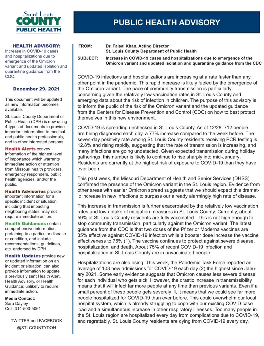 PUBLIC HEALTH ADVISORY: The St. Louis County Department of Public Health is issuing a Public Health Advisory based on the increase in COVID-19 cases and hospitalizations due to the emergence of the Omicron variant and updated isolation and quarantine guidance from the CDC.
