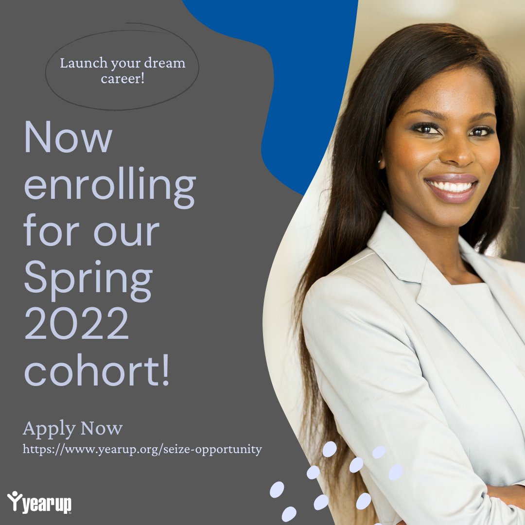 Year Up Puget Sound is now enrolling for our Spring 2022 cohort! 🎉

Interested in launching a career in the fields of #business and #technology? We’d love to help you get there!