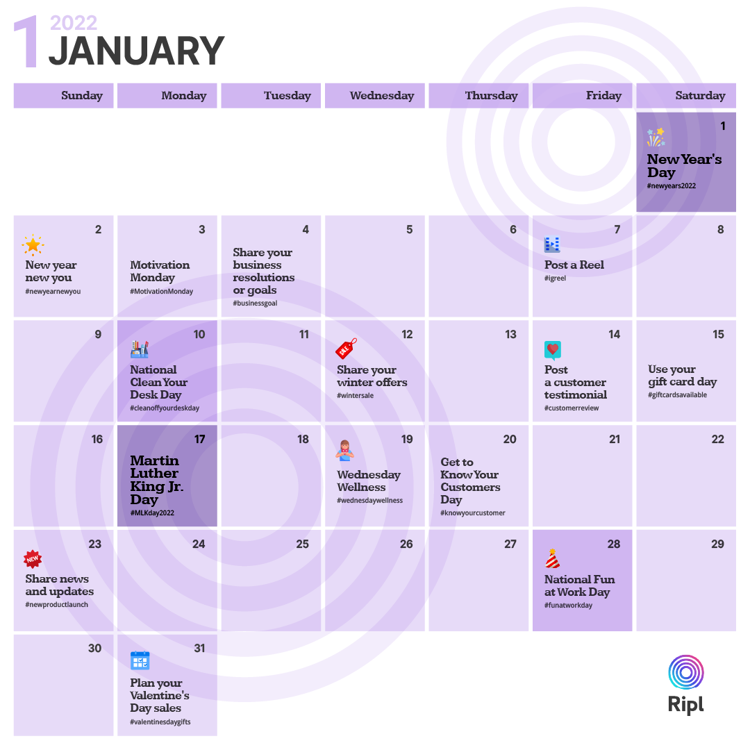 New month, new year, new content!

Check out our ideas to help you plan ahead in the new year and start your social media off with a bang 🎆 s.ripl.com/djc3Vv